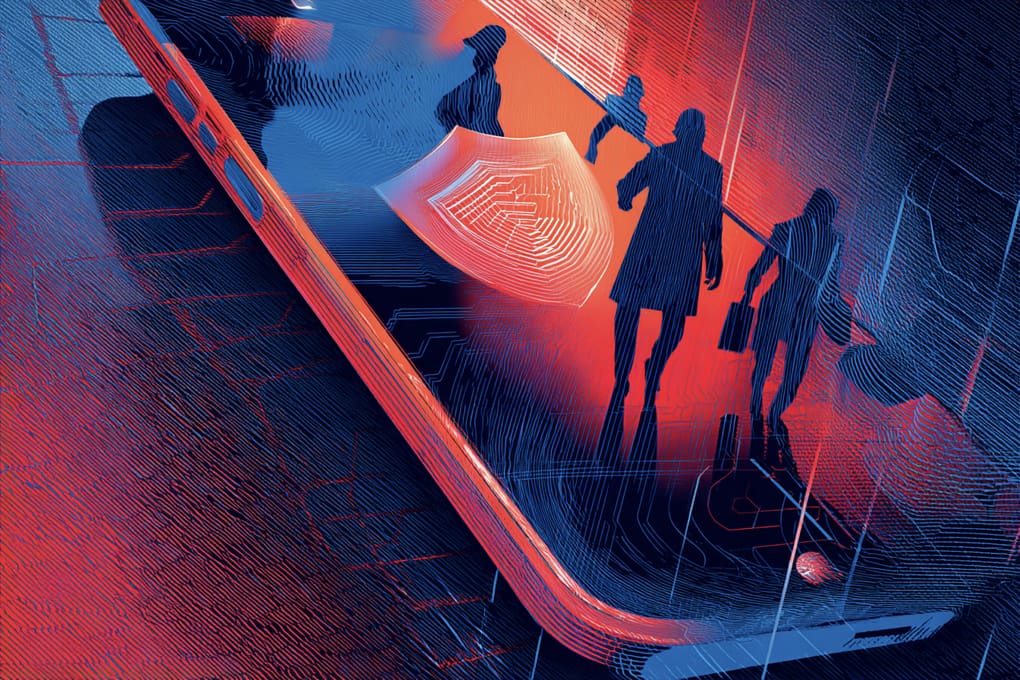 Digital illustration of a smartphone with security shield icon and silhouettes, symbolizing cybersecurity, data protection & two-facetor authentication (2FA)